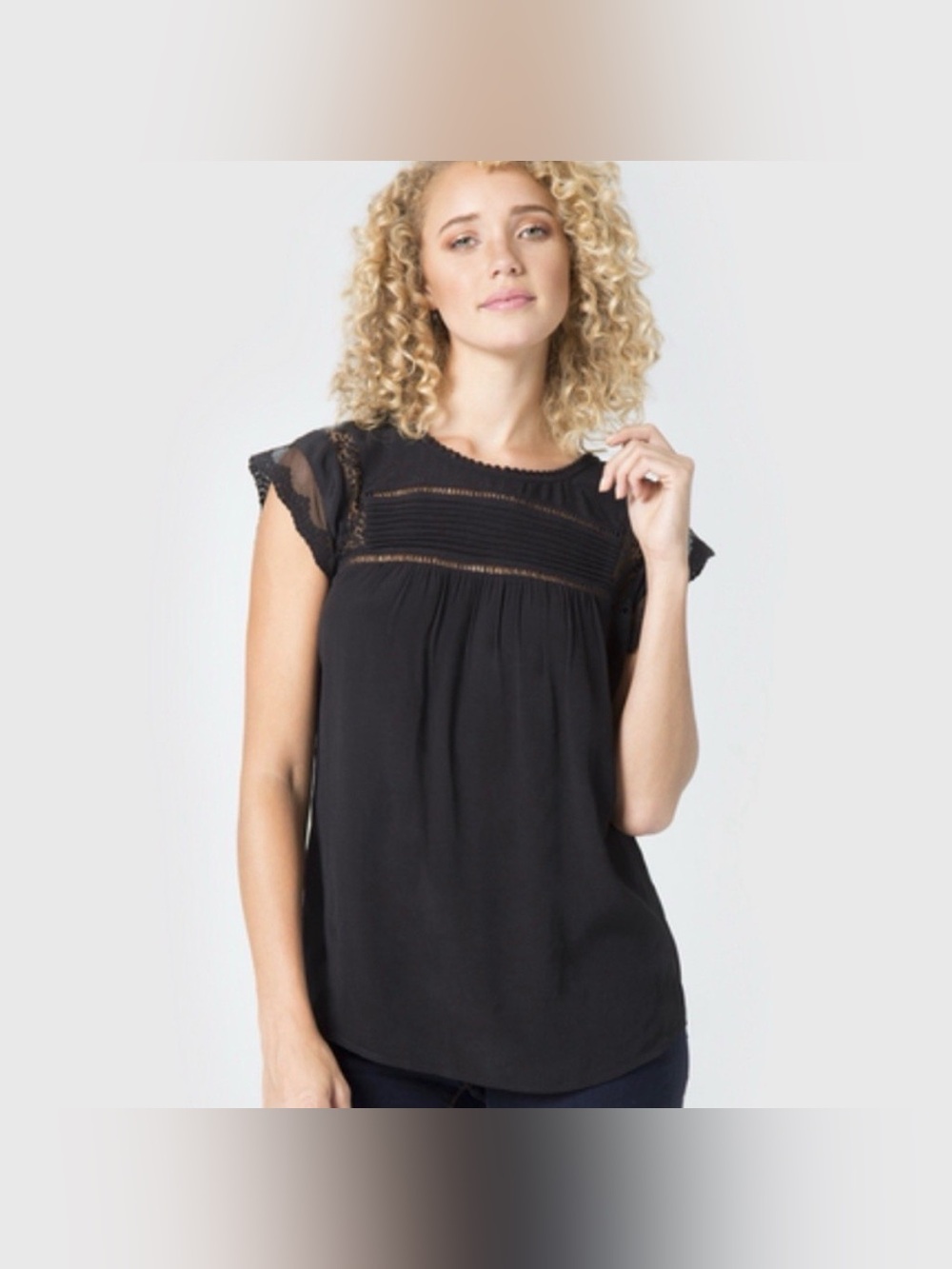 Daniel rainn- Black Lace Panel Cap Sleeve Blouse Tie Back Keyhole Top